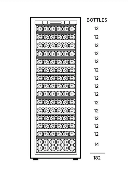 Transtherm Ermitage Glass Black Single Zone 182 Bottle Wine Cooler diagram of bottles stacked in cooler