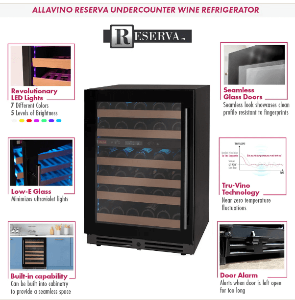 Allavino Reserva Series 50 Bottle Dual Zone Undercounter Wine Cooler Refrigerator with Black Glass Door BDW5034D-2BGL Product Info Sheet