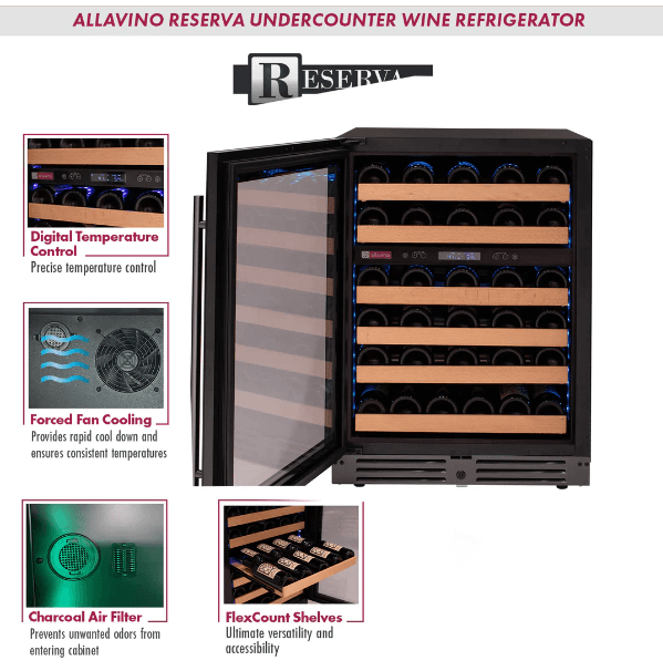 Allavino Reserva Series 50 Bottle Dual Zone Undercounter Wine Cooler Refrigerator with Black Glass Door BDW5034D-2BGL Product Info Sheet