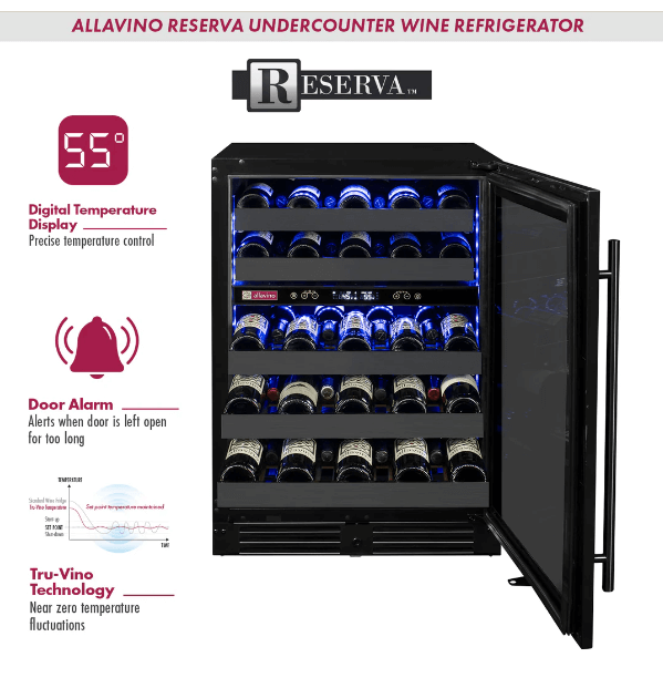 Allavino Reserva Series 50 Bottle Dual Zone Built-in Wine Cooler Refrigerator with Black Stainless Steel Door BDW5034D-2BSR Product Info Sheet