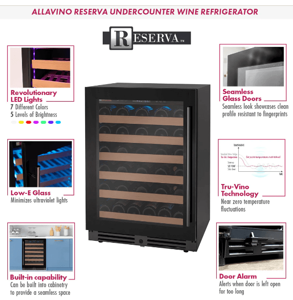 Allavino Reserva Series 50 Bottle Single Zone Built-in Wine Cooler Refrigerator with Black Glass Door BDW5034S-1BGL Product Info Page