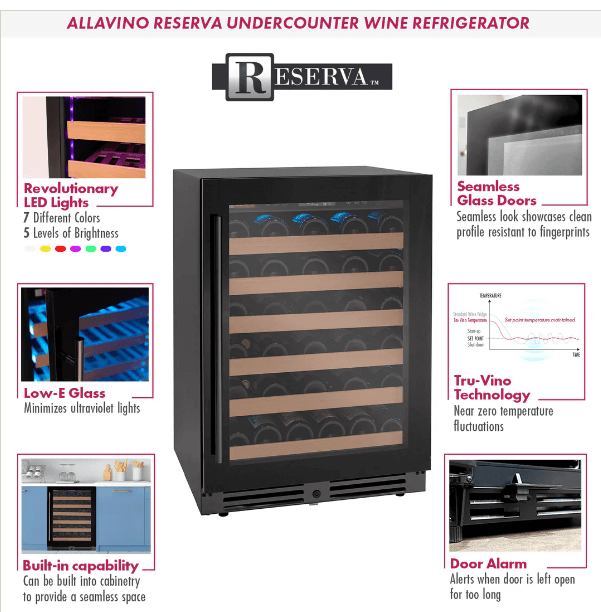 Allavino Reserva Series 50 Bottle Single Zone Built-in Wine Cooler Refrigerator with Black Glass Door BDW5034S-1BGR Product Info Page