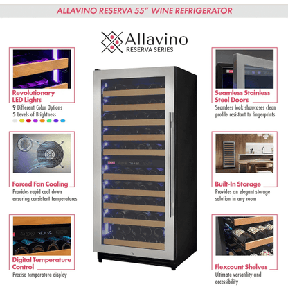 Allavino Reserva Series 119 Bottle 55" Tall Dual Zone Stainless Steel "Left Hinge" Wine Refrigerator/Cooler VSW11955D-2SL with image of product description