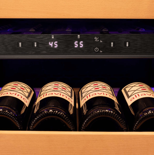 Allavino 101 Bottle Dual Zone "Panel Ready" Wine Refrigerator/Cooler VCWR-101PRD-2R Image of shelves with bottles