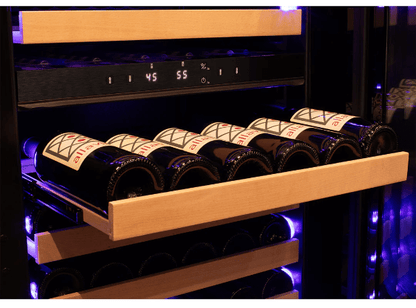 Allavino 101 Bottle Dual Zone "Panel Ready" Wine Refrigerator/Cooler VCWR-101PRD-2R Image of shelves with bottles