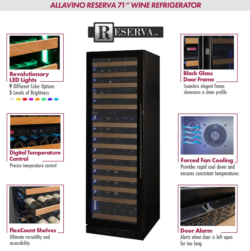 Allavino Reserva Series 163 Bottle 71" Tall Single Zone Black Glass Door Wine Cooler Refrigerator VSW16371S-1BGL image of product description