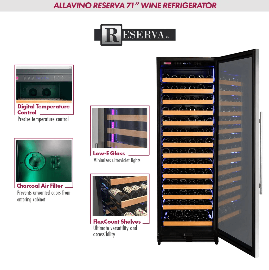 Allavino Reserva Series 163 Bottle 71" Tall Single Zone Stainless Steel Wine Cooler/Fridge VSW16371S-1SR image of product description