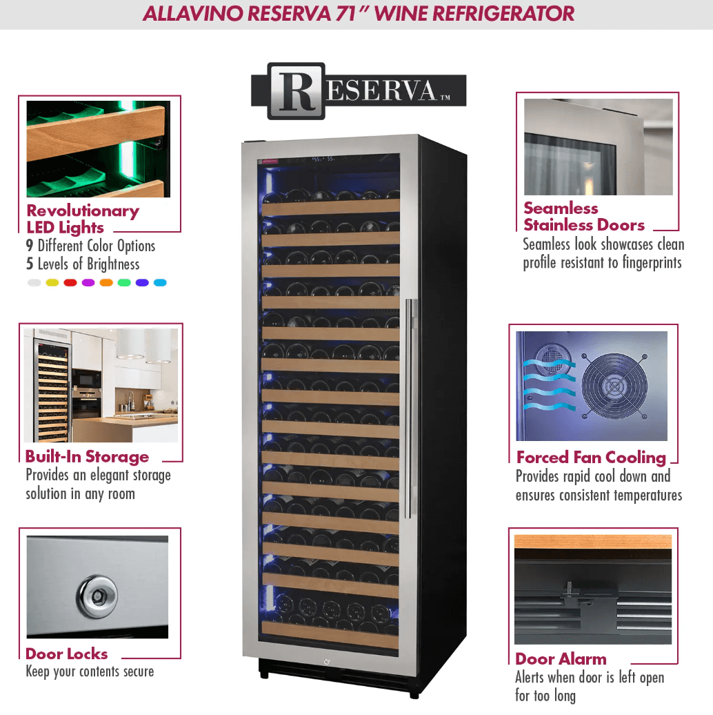 Allavino Reserva Series 163 Bottle 71" Tall Single Zone Stainless Steel Wine Cooler/Fridge VSW16371S-1SR image of product description