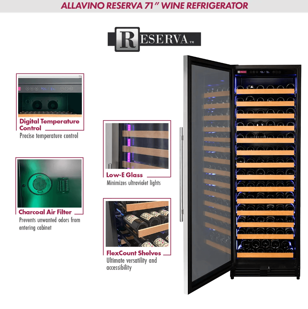 Allavino Reserva Series 163 Bottle 71" Tall Single Zone Stainless Steel Wine Cooler/Fridge VSW16371S-1SR image of product description