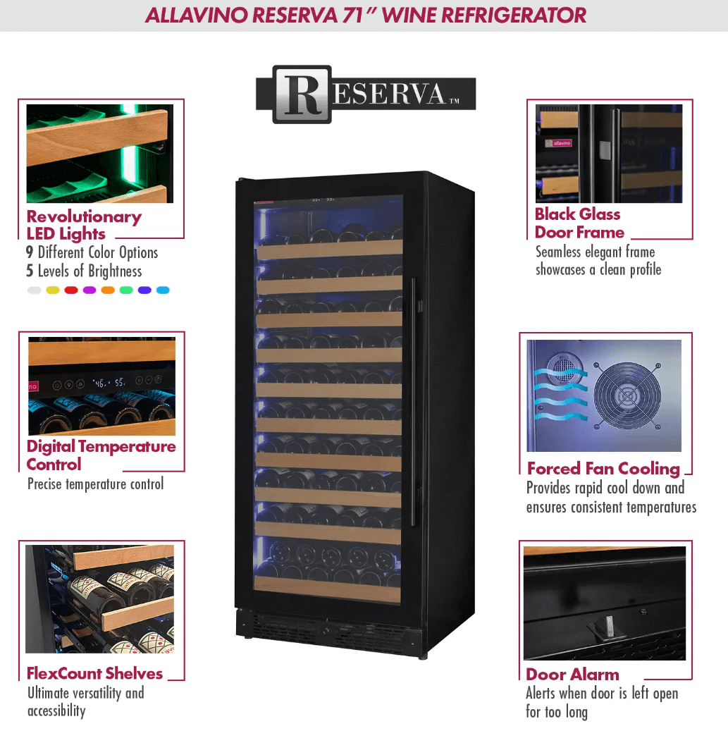 Allavino Reserva Series 119 Bottle 55" Tall Single Zone Black Glass Wine Refrigerator VSW11955S-1BGR image of product info sheet