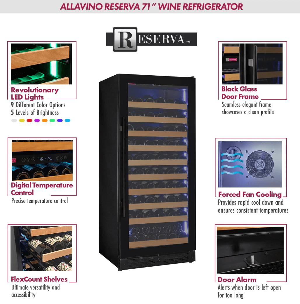 Allavino Reserva Series 119 Bottle 55" Tall Single Zone Black Glass Wine Refrigerator VSW11955S-1BGR image of product info sheet