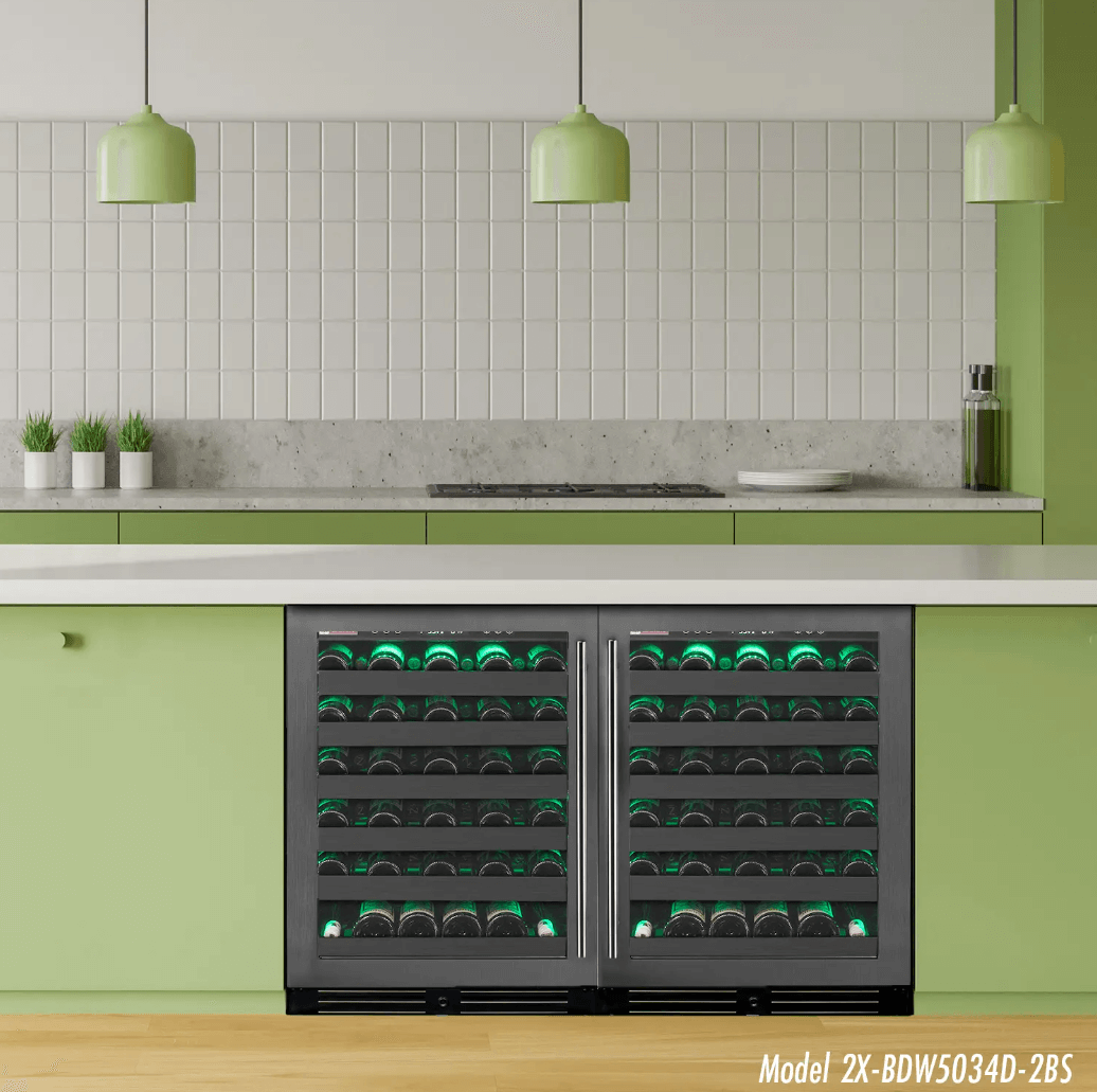 Allavino Reserva Series 100 Bottle 34" Undercounter Dual Zone Side-by-Side Wine Coolers with Black Stainless Steel Doors 2X-BDW5034S-1BS built into cabinet