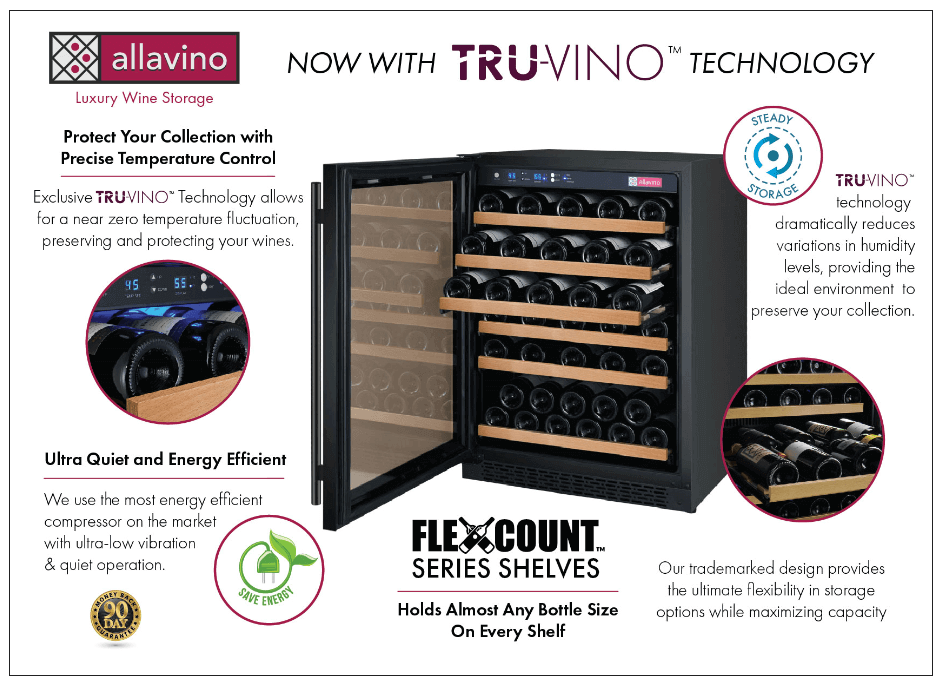 Allavino FlexCount Series 56 Bottle Dual Zone Built-in Wine Refrigerator with Black Door with image of product info sheet