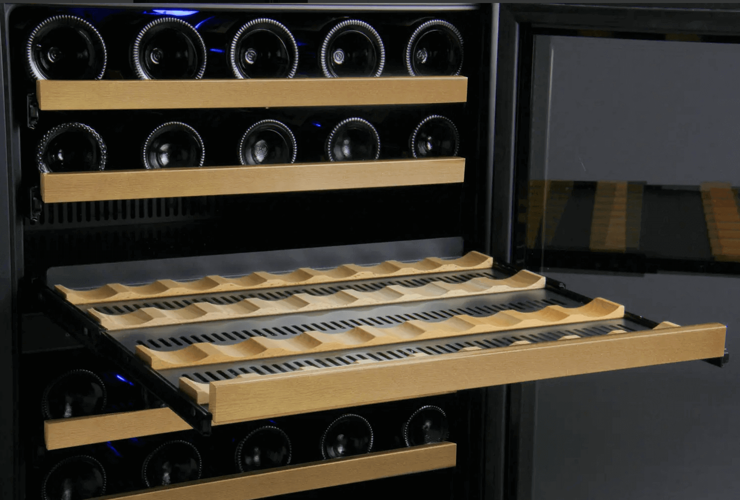 Allavino FlexCount Series 56 Bottle Dual Zone Built-in Wine Refrigerator with Black Door with image of wine shelves