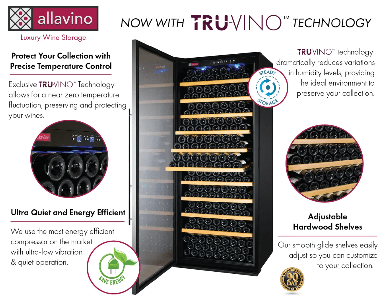 Allavino Vite Series 277 Bottle Single Zone Freestanding Large Capacity Wine Refrigerator with image of product info sheet