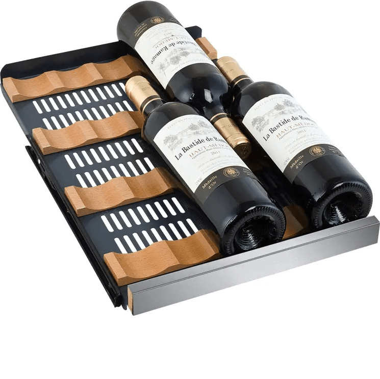 Allavino 30" Wide FlexCount II Tru-Vino 30 Bottle/88 Can Dual Zone Stainless Steel Built-In Wine & Beverage Combo with image of wine bottles on wine shelf