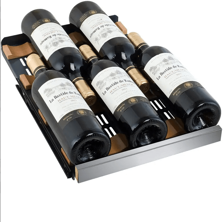 Allavino 30" Wide FlexCount II Tru-Vino 30 Bottle/88 Can Dual Zone Stainless Steel Built-In Wine & Beverage Combo with image of wine bottles on wine shelf