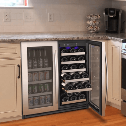 Allavino 30" Wide FlexCount II Tru-Vino 30 Bottle/88 Can Dual Zone Stainless Steel Built-In Wine & Beverage Combo built into cabinet