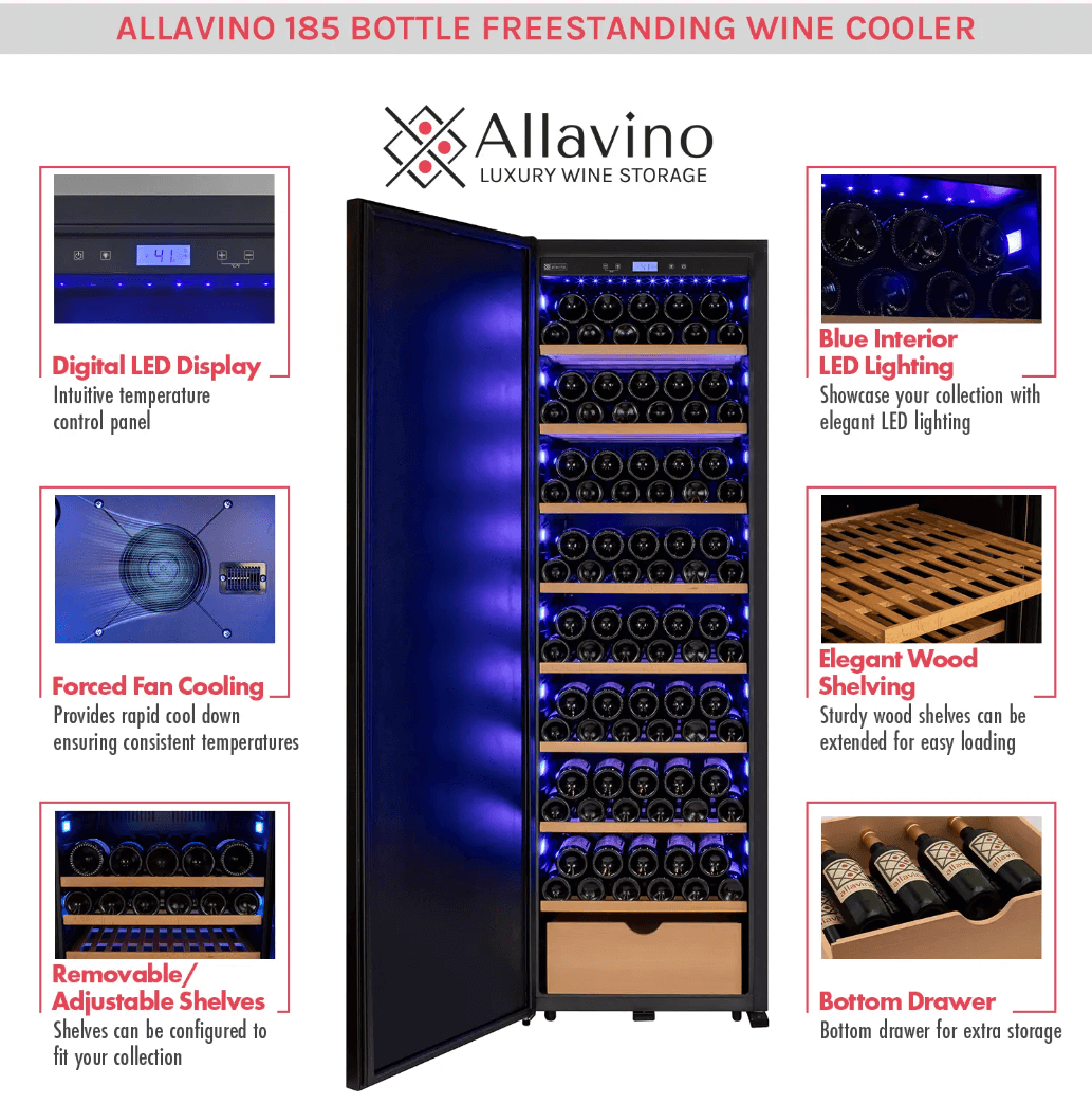 Allavino 185 Bottle Single Zone Wine Vault with Solid Black Right or Left Hinge Door with image of product info sheet