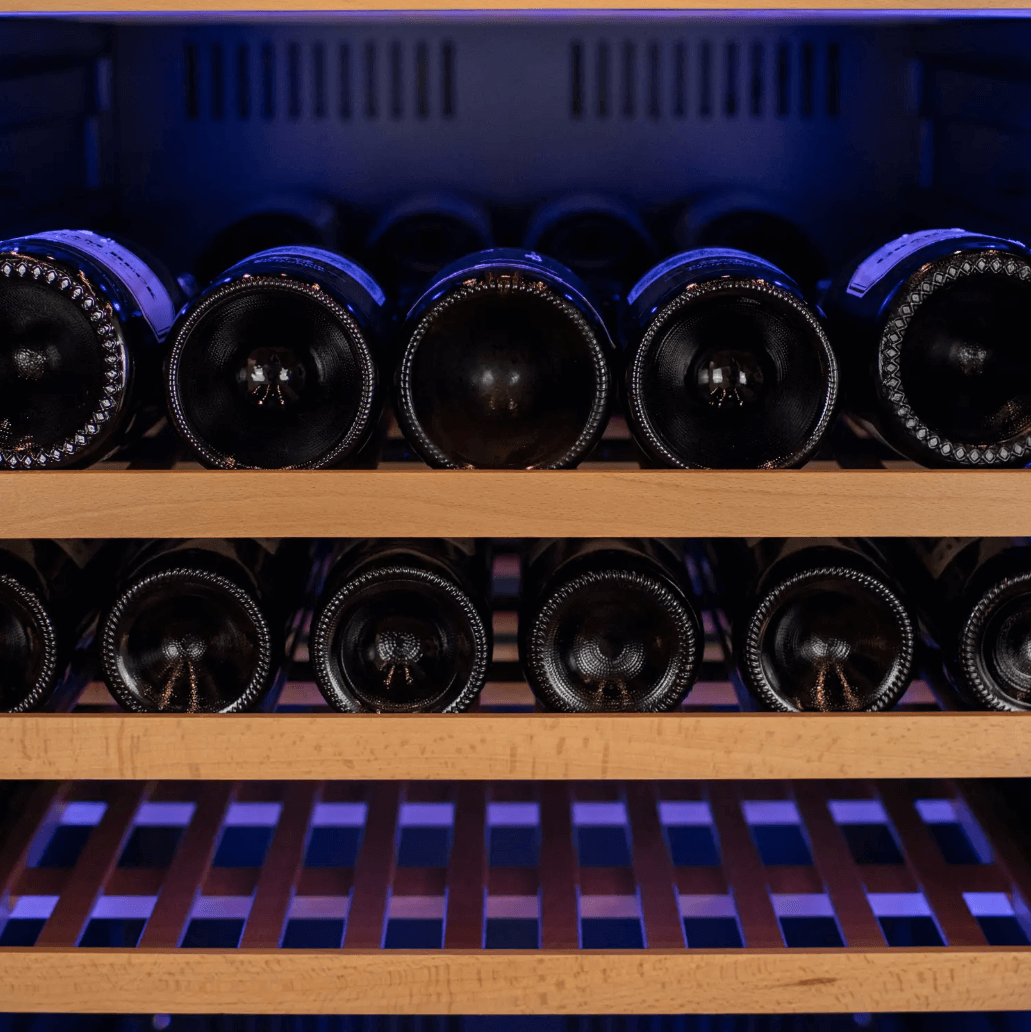 Allavino 185 Bottle Single Zone Wine Vault with Solid Black Right or Left Hinge Door with image of wine shelves