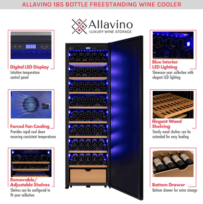 Allavino 185 Bottle Single Zone Wine Vault with Solid Black Right or Left Hinge Door with image of product info sheet