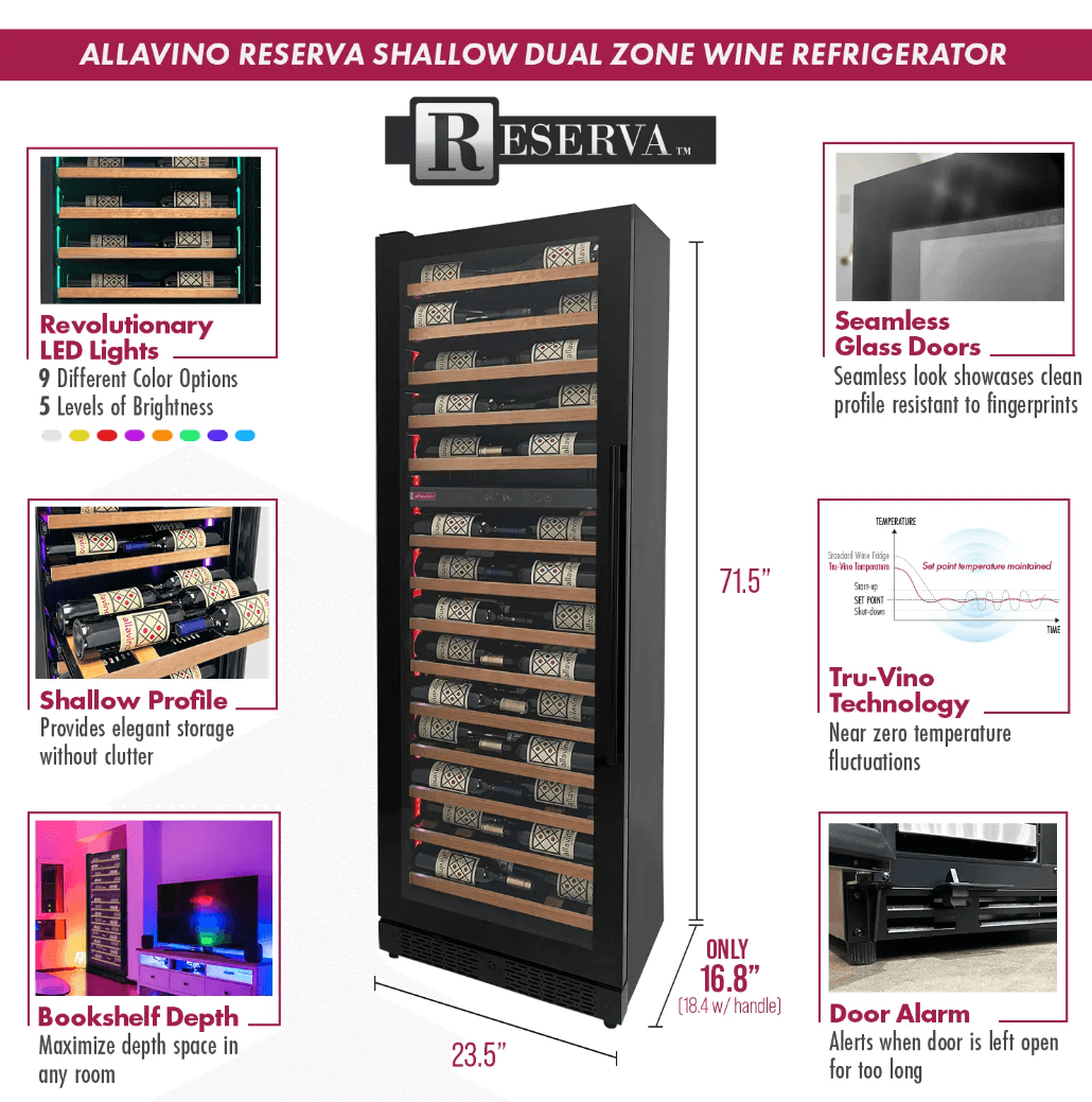 Allavino Reserva Series 67 Bottle 71" Tall Dual Zone Black Shallow Wine Refrigerator with Wood Front Shelves with image of product info sheet