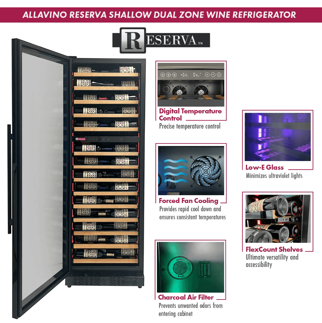 Allavino Reserva Series 67 Bottle 71" Tall Dual Zone Black Shallow Wine Refrigerator with Wood Front Shelves with image of product info sheet