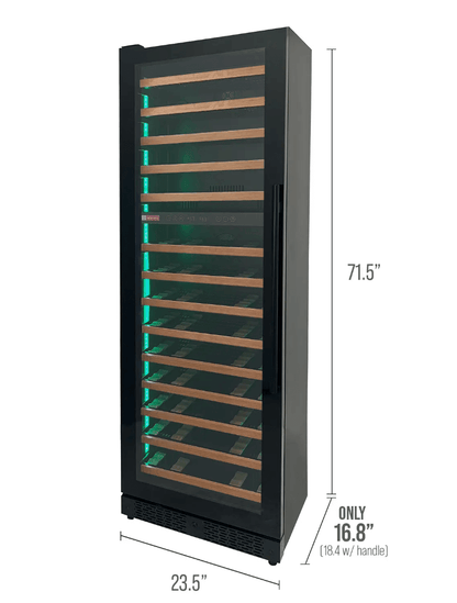 Allavino Reserva Series 67 Bottle 71" Tall Dual Zone Black Shallow Wine Refrigerator with Wood Front Shelves with image of product info sheet