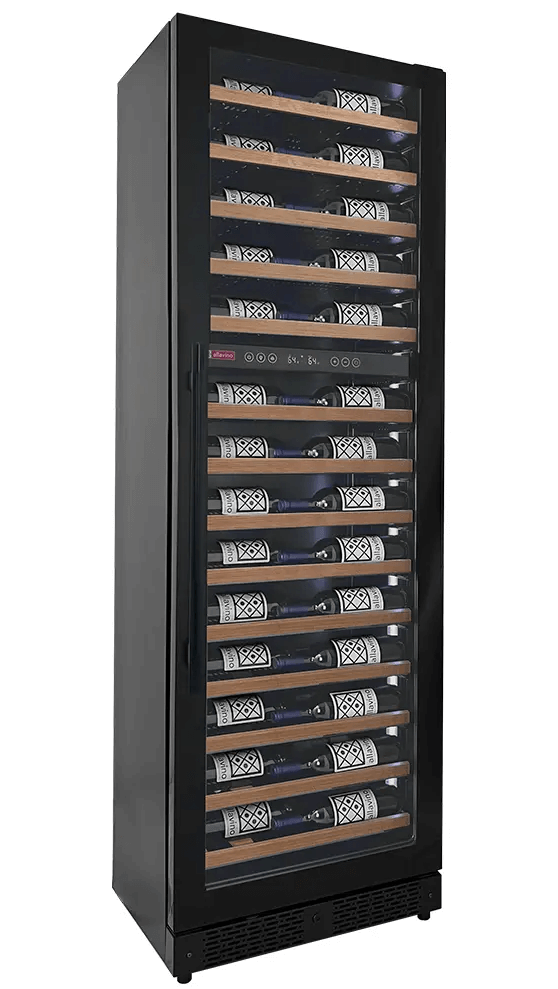 Allavino Reserva Series 67 Bottle 71" Tall Dual Zone Black Shallow Wine Refrigerator with Wood Front Shelves