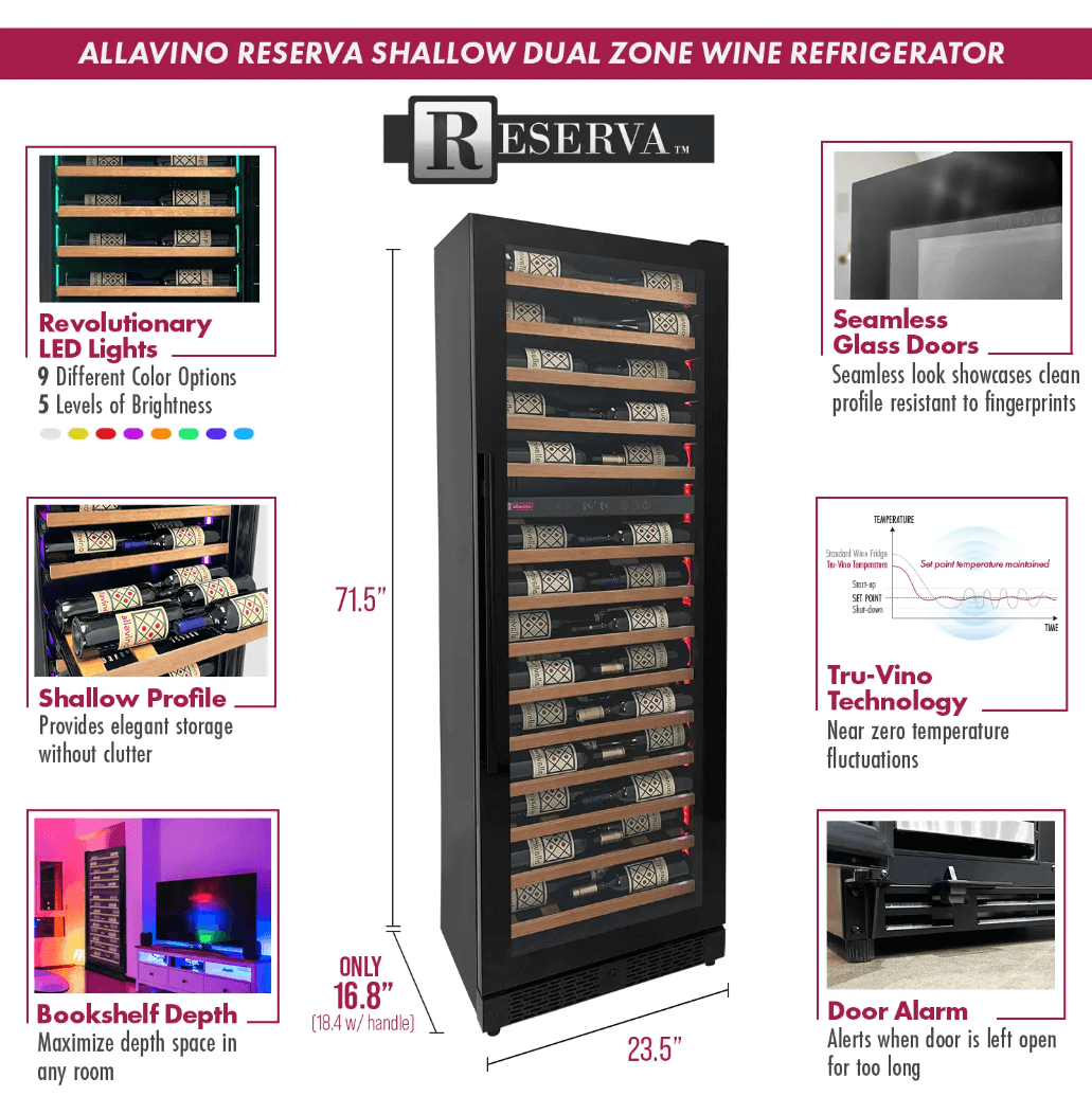 Allavino Reserva Series 67 Bottle 71" Tall Dual Zone Black Shallow Wine Refrigerator with Wood Front Shelves with image of product info sheet