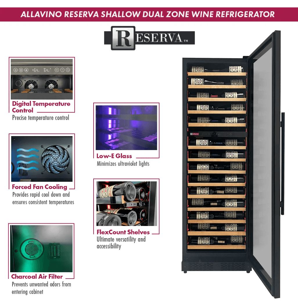 Allavino Reserva Series 67 Bottle 71" Tall Dual Zone Black Shallow Wine Refrigerator with Wood Front Shelves with image of product info sheet