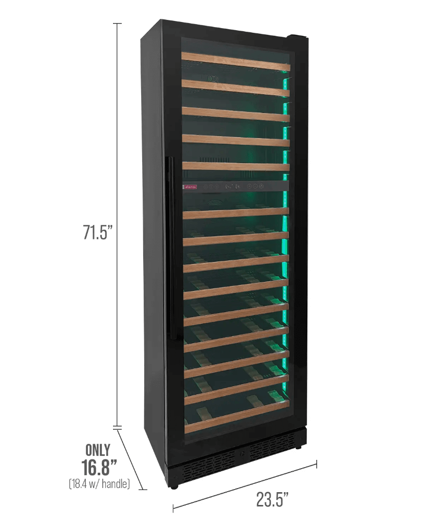 Allavino Reserva Series 67 Bottle 71" Tall Dual Zone Black Shallow Wine Refrigerator with Wood Front Shelves with image of product info sheet