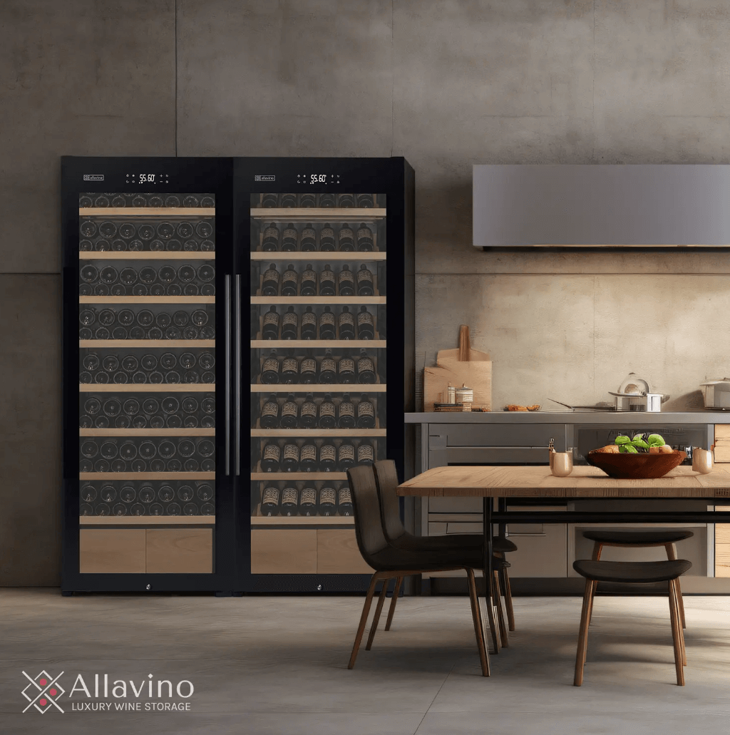 Allavino 248 Bottle Single Zone Freestanding Wine Refrigerator with Display Shelving and Black Glass Door 