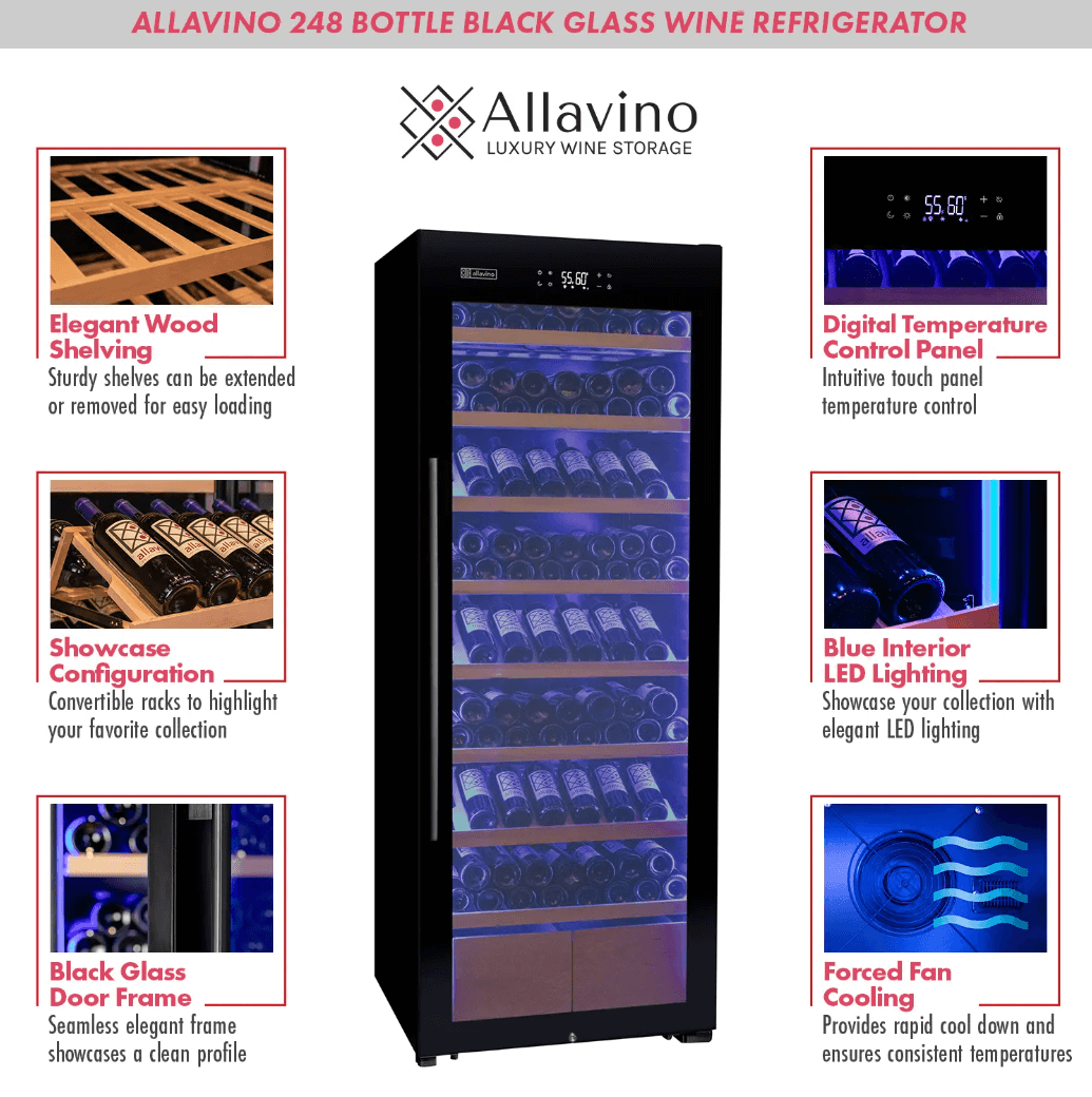 Allavino 248 Bottle Single Zone Freestanding Wine Refrigerator with Display Shelving and Black Glass Door with image of product info sheet