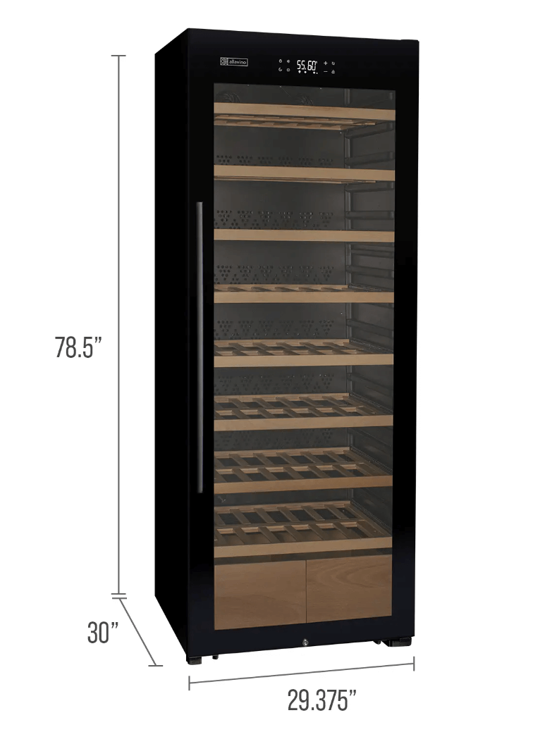 Allavino 248 Bottle Single Zone Freestanding Wine Refrigerator with Display Shelving and Black Glass Door