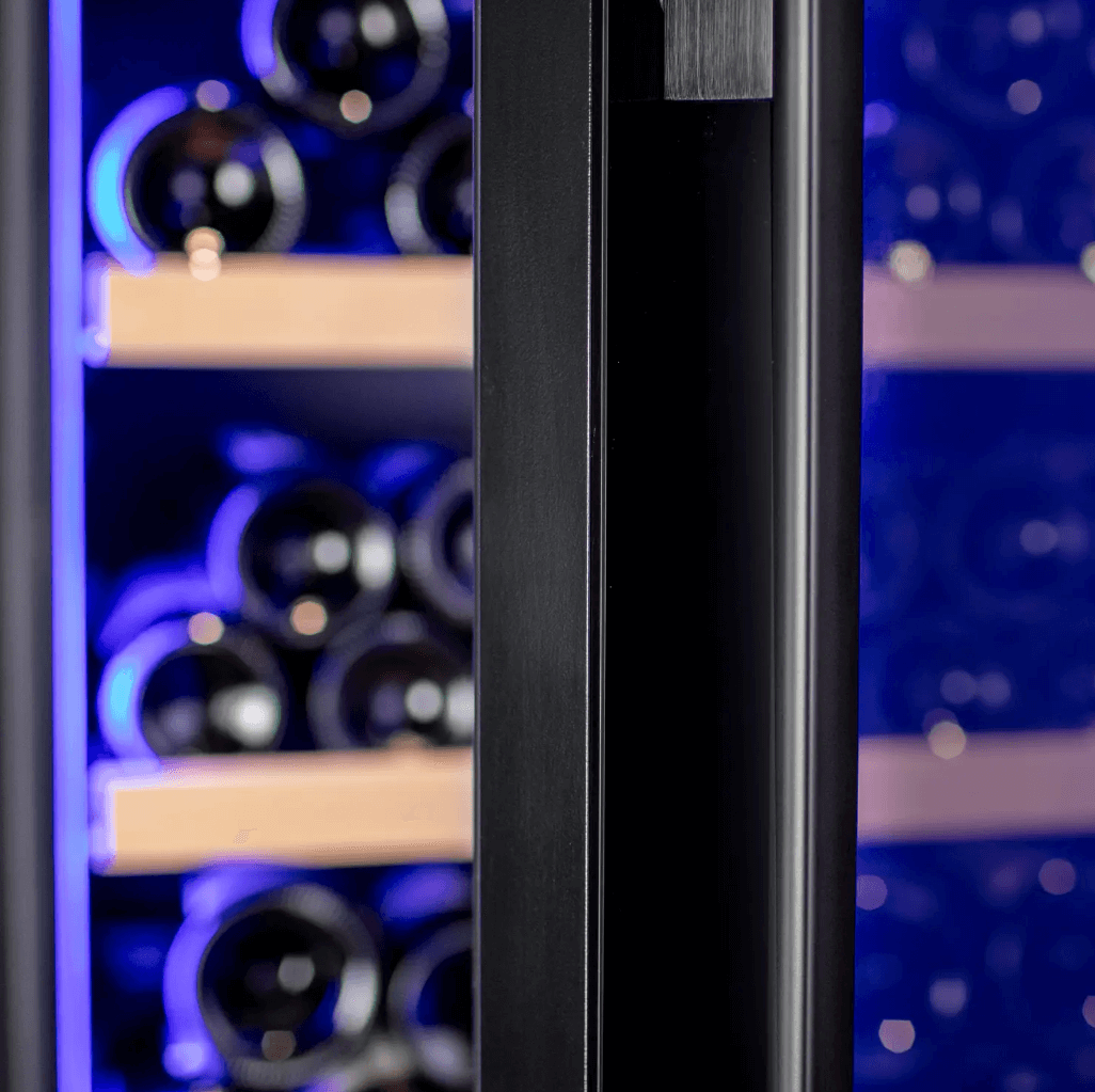 Allavino 248 Bottle Single Zone Freestanding Wine Refrigerator with Display Shelving and Black Glass Door with image of door handle