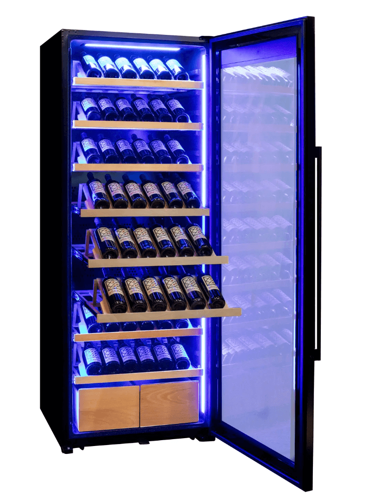 Allavino 248 Bottle Single Zone Freestanding Wine Refrigerator with Display Shelving and Black Glass Door