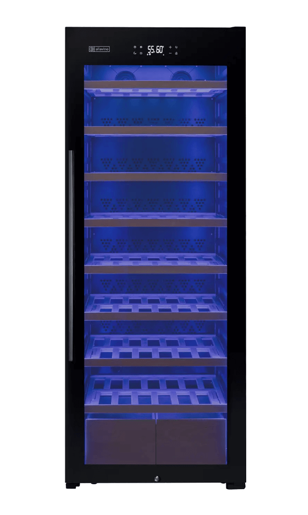 Allavino 248 Bottle Single Zone Freestanding Wine Refrigerator with Display Shelving and Black Glass Door