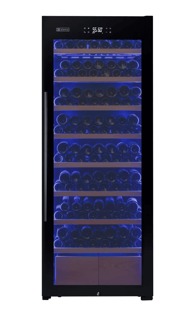 Allavino 248 Bottle Single Zone Freestanding Wine Refrigerator with Display Shelving and Black Glass Door