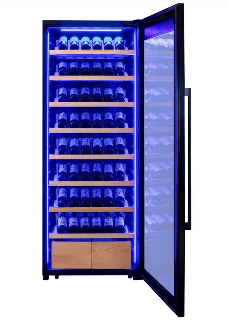 Allavino 248 Bottle Single Zone Freestanding Wine Refrigerator with Display Shelving and Black Glass Door