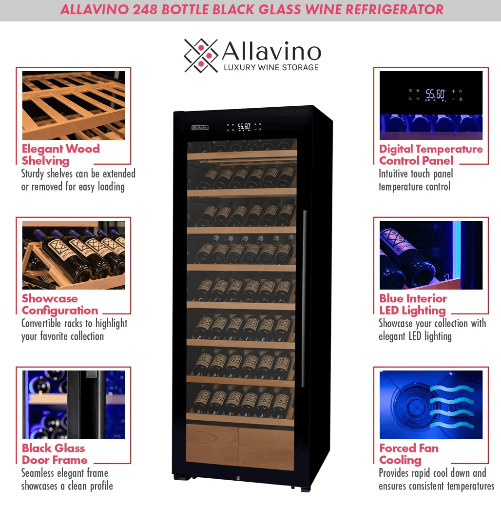 Allavino 248 Bottle Single Zone Freestanding Wine Refrigerator with Display Shelving and Black Glass Door with image of product info sheet