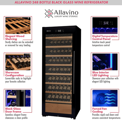 Allavino 248 Bottle Single Zone Freestanding Wine Refrigerator with Display Shelving and Black Glass Door with image of product info sheet