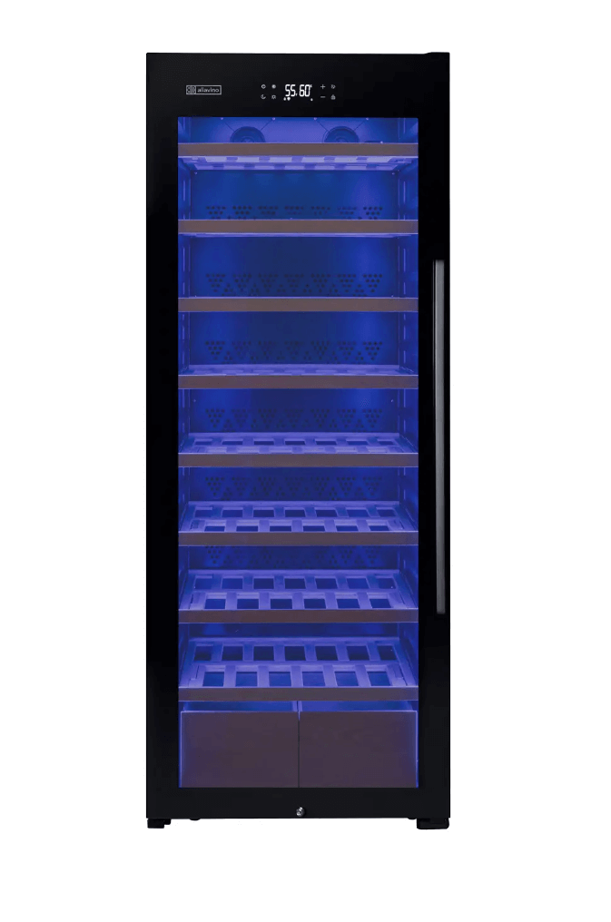 Allavino 248 Bottle Single Zone Freestanding Wine Refrigerator with Display Shelving and Black Glass Door