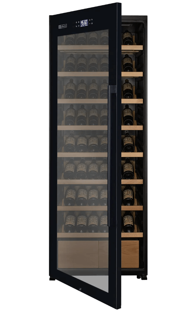 Allavino 248 Bottle Single Zone Freestanding Wine Refrigerator with Display Shelving and Black Glass Door