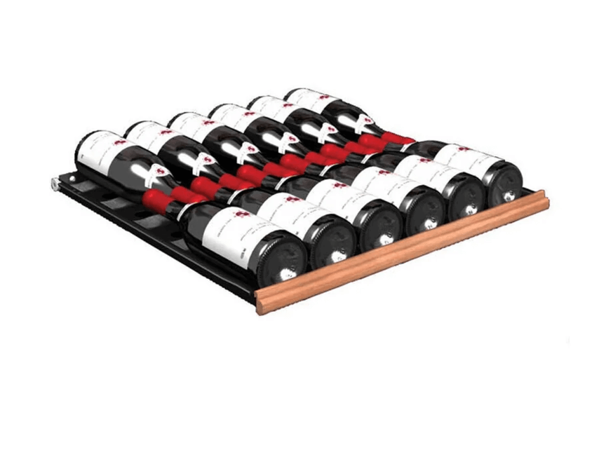 Transtherm Ermitage Glass Black Single Zone 182 Bottle Wine Cooler image of wine bottles on wine shelf