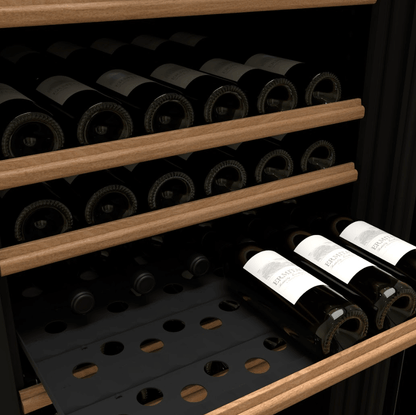 Transtherm Ermitage Glass Black Single Zone 182 Bottle Wine Cooler image of wine bottles on wine shelf