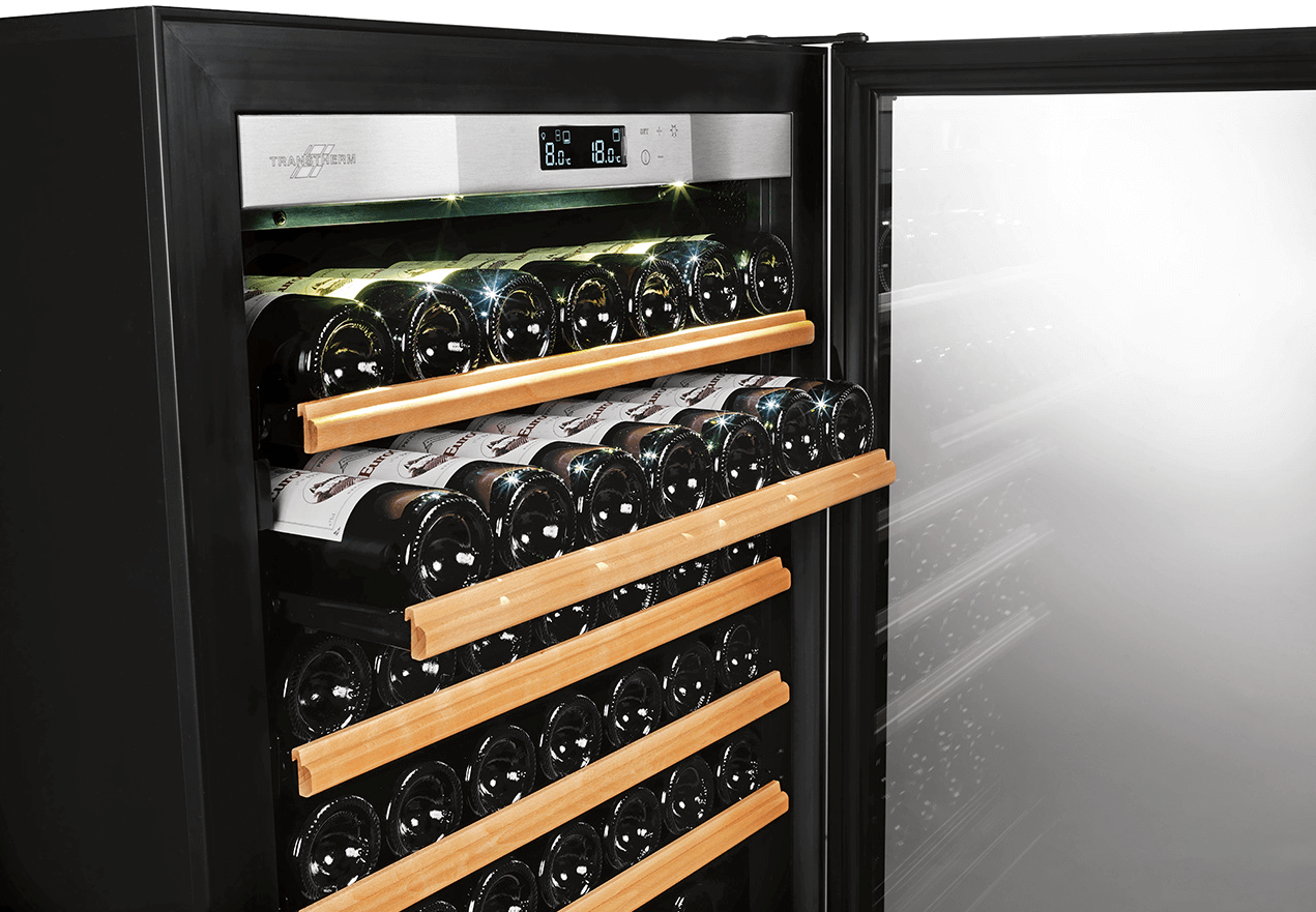 Transtherm Ermitage Glass Black Single Zone 182 Bottle Wine Cooler image of wine bottles on wine shelf