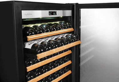 Transtherm Ermitage Glass Black Single Zone 182 Bottle Wine Cooler image of wine bottles on wine shelf