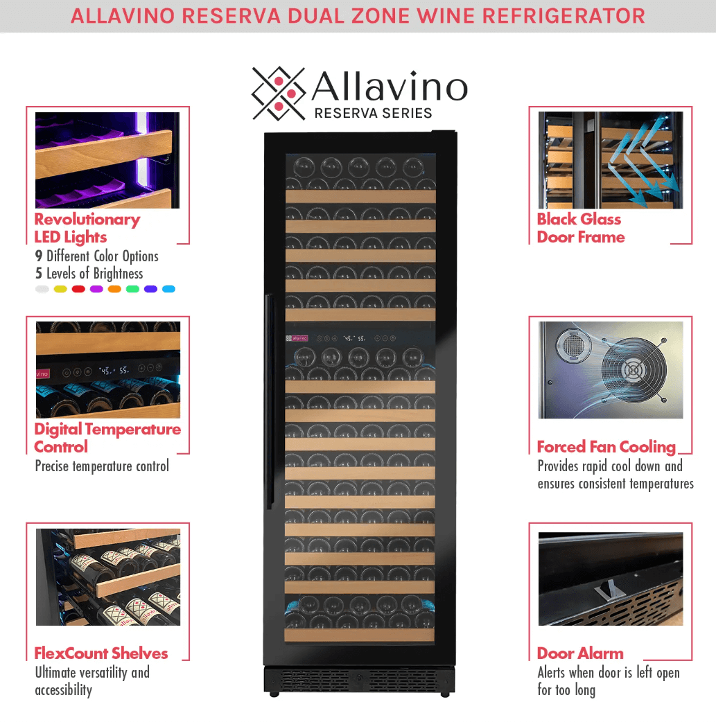 Allavino Reserva Series 172 Bottle Dual Zone Built-in Wine Refrigerator with Black Glass Door image of product description