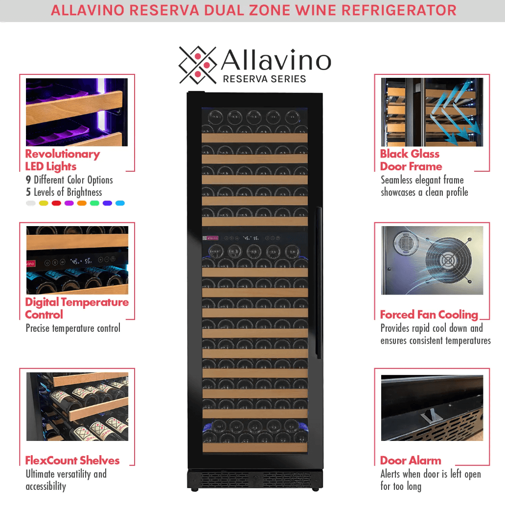 Allavino Reserva Series 172 Bottle Dual Zone Built-in Wine Refrigerator with Black Glass Door image of product description